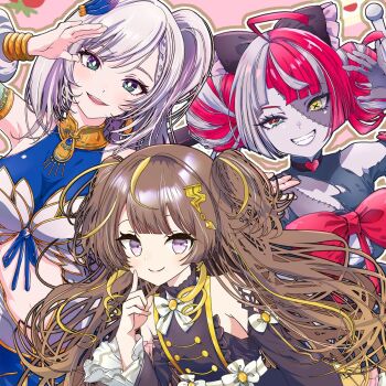 Rule 34 | 3girls, ahoge, anya melfissa, anya melfissa (1st costume), aqua eyes, asymmetrical bangs, black bow, black dress, blonde streaks, blue dress, blunt bangs, blunt ends, bow, bowtie, braid, braided bangs, breasts, brown hair, center frills, choker, closed mouth, clothing cutout, commentary, detached sleeves, diamond-shaped pupils, diamond (shape), double-parted bangs, double bun, dress, english commentary, feather hair ornament, feathers, frilled dress, frilled sleeves, frills, gradient hair, grey hair, grin, hair bow, hair bun, hair ornament, half-closed eyes, heart, heart choker, highres, hololive, hololive indonesia, holoro, index finger raised, kris hair ornament, kureiji ollie, kureiji ollie (1st costume), looking at viewer, mismatched pupils, multicolored hair, multiple girls, open mouth, outline, patchwork skin, pavolia reine, pavolia reine (1st costume), purple eyes, red bow, red bowtie, red hair, side ponytail, skin tight, sleeveless, sleeveless dress, smile, stitched face, stitched torso, stitches, stomach cutout, streaked hair, swept bangs, symbol-shaped pupils, torn clothes, torn dress, two-tone hair, two side up, virtual youtuber, wavy hair, white hair, white outline, x-shaped pupils, zaki zaki zaki