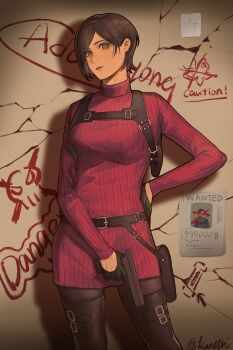 1girl absurdres ada_wong black_boots black_gloves black_hair black_pantyhose boots breasts character_name chest_harness chinese_commentary closed_mouth commentary_request contrapposto cowboy_shot crack cracked_wall dress gloves graffiti grey_eyes gun half_gloves hand_on_own_hip handgun harness highres holding holding_gun holding_weapon kurumi031212 lipstick long_sleeves looking_at_viewer makeup medium_breasts pantyhose red_dress red_lips resident_evil resident_evil_2 ribbed_dress short_dress short_hair solo standing sweater sweater_dress swept_bangs thigh_boots turtleneck turtleneck_sweater wanted_poster weapon