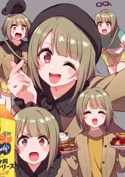 1girl absurdres birthday blush bottle closed_eyes commentary cream_(nipakupa) food glasses grey_background grey_hair hat highres holding holding_plate jacket looking_at_viewer love_live! love_live!_nijigasaki_high_school_idol_club multiple_views nakasu_kasumi one_eye_closed plate red-framed_eyewear red_eyes short_hair surprised upper_body