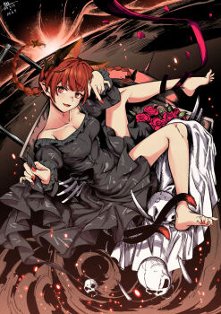 1girl animal_ears bare_legs barefoot black_dress bone braid breasts cat_ears cat_tail cleavage collarbone commentary_request dated dress extra_ears fangs feet fingernails frilled_sleeves frills highres kaenbyou_rin legs long_hair long_sleeves medium_breasts multiple_tails nail_polish off-shoulder_dress off_shoulder open_mouth pointy_ears qingwa_chi_she red_eyes red_hair red_nails revision signature skull smile solo tail toenail_polish toenails toes touhou twin_braids two_tails