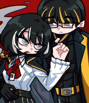 1boy 1girl age_difference black_hair cape collar gloves grey_eyes holding holding_collar moses_(project_moon) project_moon smoking_pipe the_distortion_detective vespa_crabro white_streaks yellow_streaks
