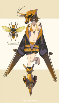 1girl anklet antennae arthropod_girl barefoot bee bee_girl bikini brown_hair bug drawstring full_body giant_hornet halterneck insect insect_girl jewelry mecha_musume off-shoulder_jacket off_shoulder original short_hair solo striped_bikini striped_clothes swimsuit translated twitter_username wasp wasp_girl yellow_bikini zenmaibook