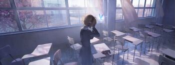 00608d 1girl aigis_(persona) android armband black_jacket black_skirt blonde_hair blue_butterfly bug butterfly cherry_blossoms classroom commentary_request cowboy_shot curtains desk evoker floating_curtains from_behind gekkoukan_high_school_uniform gold_hairband hairband hands_on_own_face hashtag-only_commentary highres indoors insect jacket long_sleeves persona persona_3 persona_3_reload red_armband robot_ears school school_desk school_uniform short_hair skirt solo spoilers unworn_armband window