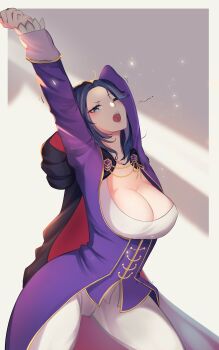 absurdres aoui blue_eyes blue_hair breasts commentary english_commentary highres large_breasts light_particles light_rays medium_hair one_eye_closed open_mouth re:zero_kara_hajimeru_isekai_seikatsu roswaal_j._mathers simple_background stretching