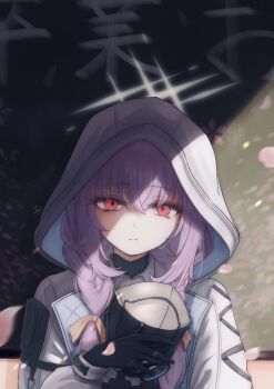 1girl absurdres atsuko_(blue_archive) blue_archive braid chalkboard cherry_blossoms closed_mouth commentary_request cross-laced_clothes cross-laced_sleeves gloves grey_halo hair_between_eyes halo highres holding holding_mask hood hood_up hooded_jacket jacket long_hair long_sleeves looking_at_viewer low_twin_braids mask moonlightcookie_(82715678) purple_hair red_eyes solo twin_braids white_halo white_hood white_jacket