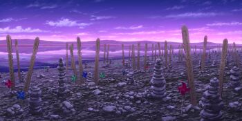 cloud highres no_humans outdoors pinwheel purple_sky reflection reflective_water river riverbank rock sanzu_river scenery sky sotoba stack touhou touhou_lostword