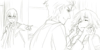 1boy 2girls blush cheek_pull closed_eyes commentary_request highres indoors long_hair long_sleeves makise_kurisu menomorute monochrome multiple_girls nervous_sweating okabe_rintarou pointing pointing_at_another science_adventure shiina_mayuri short_hair smile steins;gate sweat tagme