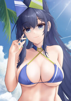 1girl azur_lane bare_shoulders bikini blue-tinted_eyewear blue_bikini blue_eyes blue_hair blue_sky breasts cleavage criss-cross_halter day green-tinted_eyewear green_nails halterneck heterochromatic_eyewear high_ponytail highres large_breasts long_hair looking_at_viewer nail_polish new_jersey_(azur_lane) new_jersey_(midsummer_leisure)_(azur_lane) o-ring o-ring_bikini official_alternate_costume outdoors palm_tree ponytail sky solo summer swimsuit tinted_eyewear tree triangular_eyewear turboflower upper_body very_long_hair