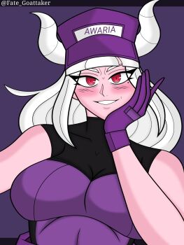 1girl awaria blush breasts demon demon_girl demon_horns fate_goattaker helltaker highres horns long_hair lucifer_(helltaker) original red_eyes smile white_hair white_horns