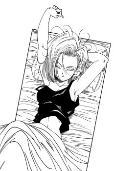 1girl absurdres android_18 arms_up bed black_shirt closed_mouth commentary dragon_ball dragonball_z earrings english_commentary from_above greyscale half-closed_eyes highres indoors jewelry lying monochrome on_back pillow roub3d shirt short_hair simple_background sleepy sleeveless solo stretching