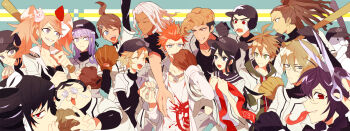 6+boys 6+girls arm_up asahina_aoi ball baseball_(object) baseball_bat baseball_glove baseball_uniform blue_eyes breasts brown_hair celestia_ludenberg cleavage crying danganronpa:_trigger_happy_havoc danganronpa_(series) dreadlocks enoshima_junko everyone fujisaki_chihiro fukawa_toko genocider_shou glasses green_eyes hair_between_eyes hair_ornament holding holding_baseball_bat holding_scissors ikusaba_mukuro inutaro99 ishimaru_kiyotaka jewelry kirigiri_kyoko kuwata_leon maizono_sayaka monokuma multiple_boys multiple_girls naegi_makoto necklace ogami_sakura owada_mondo pompadour purple_eyes rabbit_hair_ornament red_eyes round_eyewear scissors shirt sportswear streaming_tears tears togami_byakuya tongue tongue_out twintails white_hair white_shirt yamada_hifumi