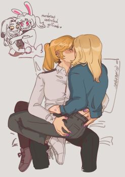 2girls animal_costume animal_ears black_pants blonde_hair blue_jacket closed_eyes collared_shirt commentary ear_piercing english_commentary five_nights_at_freddy's five_nights_at_freddy's:_security_breach five_nights_at_freddy's_2_(2025_movie) highres inverted_cross_earrings jacket kiss long_hair multiple_girls pants piercing ponytail purple_nails rabbit_costume rabbit_ears shirt shoes signature sitting sitting_on_lap sitting_on_person vanessa_(fnaf) vanny_(fnaf) white_shirt xreyyart yuri