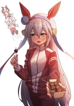 >_< 3girls absurdres ahoge animal_ears belno_light_(umamusume) blue_eyes blue_hairband blush bow brown_hair closed_eyes commentary ear_covers ear_ornament ear_ribbon fang food grey_hair hair_between_eyes hair_ornament hairband headband highres holding holding_food horse_ears horse_girl jacket letter_hair_ornament long_hair long_sleeves midriff multicolored_hair multicolored_hairband multiple_girls navel oguri_cap_(umamusume) open_mouth pants red_headband red_jacket red_pants red_track_suit short_hair striped_clothes striped_hairband sumosumo takoyaki tamamo_cross_(umamusume) tearing_up toothpick tracen_training_uniform track_jacket track_pants track_suit two-tone_hair two-tone_hairband umamusume umamusume:_cinderella_gray very_long_hair white_hair
