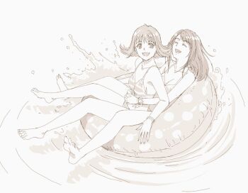 2girls afloat arms_around_waist bangle barefoot bikini bracelet breasts cleavage closed_eyes commentary_request final_fantasy final_fantasy_viii full_body hug hug_from_behind jewelry laughing long_hair medium_breasts multiple_girls open_mouth panda_xtnm rinoa_heartilly selphie_tilmitt sepia short_hair sketch smile splashing striped_bikini striped_clothes swim_ring swimsuit yuri
