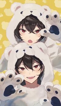 2boys animal_hood bear_hood bear_paws black_hair brothers chin_rest commentary cosplay crossed_bangs earrings ensemble_stars! fang fangs hair_between_eyes hand_up hands_up head_on_head head_rest highres hood jewelry kigurumi looking_at_viewer male_focus medium_hair multiple_boys open_mouth pawpads red_eyes sakuma_rei_(ensemble_stars!) sakuma_ritsu shokupan_119 siblings stud_earrings symbol-only_commentary upper_body