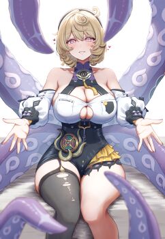 1girl absurdres asymmetrical_shorts bare_shoulders beret black_shorts black_thighhighs blonde_hair blurry blurry_foreground blush breasts bursting_breasts button_gap commentary_request cowlick detached_sleeves feet_out_of_frame garter_straps hat heart high-waist_shorts highres incoming_hug large_breasts looking_at_viewer mole mole_under_mouth on_bed parted_lips purple_nails shirt short_hair shorts simple_background single_garter_strap single_thighhigh sitting solo suction_cups taro_(peach_taro51) tentacle_girl tentacle_tail tentacles textless_version thighhighs torn_clothes torn_thighhighs white_background white_shirt yidhari_murphy zenless_zone_zero
