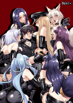 1boy alpha_(kage_no_jitsuryokusha_ni_naritakute!) animal_ears beta_(kage_no_jitsuryokusha_ni_naritakute!) black_hair blonde_hair blue_eyes blush bodysuit breasts cid_kagenou closed_mouth delta_(kage_no_jitsuryokusha_ni_naritakute!) elf epsilon_(kage_no_jitsuryokusha_ni_naritakute!) gamma_(kage_no_jitsuryokusha_ni_naritakute!) grey_eyes harem hat highres holding kage_no_jitsuryokusha_ni_naritakute! long_hair mibry_(phrysm) multiple_girls open_mouth pointy_ears purple_eyes red_eyes short_hair smile twintails very_long_hair wolf_girl zeta_(kage_no_jitsuryokusha_ni_naritakute!)