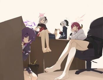 4girls absurdres aru_(blue_archive) bare_legs barefoot black_hoodie black_skirt blue_archive breasts calico_(pattern) cat crossed_legs demon_horns dokshuri halo haruka_(blue_archive) head_rest high-waist_skirt highres hood hoodie horns juliet_sleeves kayoko_(blue_archive) long_sleeves looking_at_viewer medium_breasts multicolored_hair multiple_girls mutsuki_(blue_archive) one_side_up peeking_out puffy_sleeves shirt skirt spread_toes streaked_hair toes under_table white_shirt