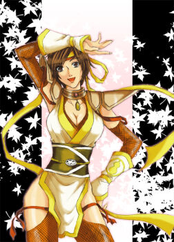 arm_up armor breasts brown_eyes brown_hair cleavage cleavage_cutout clothing_cutout fingernails fishnet_sleeves fishnet_thighhighs fishnet_top fishnets headband hip_vent japanese_clothes jewelry kimono large_breasts long_nails medium_hair necklace nene_(sengoku_musou) ninja obi sash sengoku_musou smile thighhighs thighs