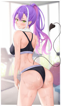 1girl absurdres alternate_costume alternate_hairstyle ass back black_panties black_sports_bra blurry blurry_background blush border braid braided_bangs breasts commentary_request demon_girl demon_tail exercise_machine from_behind green_eyes hair_between_eyes highres hololive light_particles long_hair looking_at_viewer median_furrow midriff outside_border panties piercing pink_hair pointy_ears ponytail purple_hair shinigami_kiraki solo sports_bra sweat tail tail_ornament tail_piercing thighs tokoyami_towa towel towel_around_neck treadmill underwear virtual_youtuber white_border white_hair