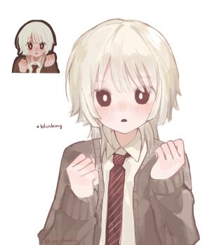 1boy blush brown_cardigan brown_eyes cardigan clenched_hands derivative_work game_screenshot_inset hands_up highres looking_at_viewer male_focus necktie red_necktie saihate_eki screenshot_inset short_hair simple_background solo sprite_redraw tatsunami_shion ttyyuwwuw upper_body white_background white_hair