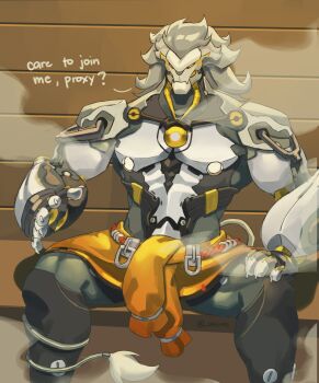 1boy banyue_(zenless_zone_zero) claws clothes_around_waist commentary dodongchives english_commentary english_text facing_viewer highres jacket jacket_around_waist male_focus robot_boy sauna sitting steam tail tail_around_own_leg zenless_zone_zero