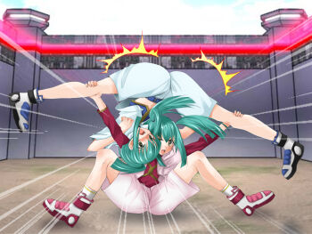 1boy 1girl androgynous artist_request ass ass_focus blush brother_and_sister defeat emphasis_lines femdom full_body green_hair kinniku_buster kinnikuman long_hair lua_(yu-gi-oh!) meme moaning ponytail shorts siblings simple_background spread_legs trap trembling twintails violence what yu-gi-oh! yu-gi-oh!_5d&#039;s