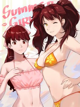 2girls ;d atlus bikini bow breasts brown_hair cleavage curvy female_focus frilled_bikini frills hair_bow hair_ribbon highres j@ck kujikawa_rise looking_at_viewer matching_hair/eyes medium_breasts multiple_girls navel one_eye_closed open_mouth orange_bikini parted_lips persona persona_4 persona_5 persona_5_the_royal pink_bikini pink_bow ponytail red_eyes red_hair ribbon sega shiny_skin small_breasts smile string_bikini swimsuit thong thong_bikini twintails underboob wide_hips wink yellow_eyes yoshizawa_kasumi
