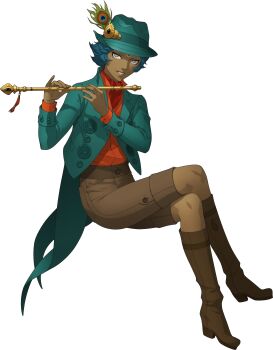 Rule 34 | 1boy, absurdres, blue hair, boots, crossed legs, dark-skinned male, dark skin, demon (megami tensei), doi masayuki, facial mark, feathers, fedora, flute, forehead mark, grey eyes, grin, hat, highres, instrument, krishna (megami tensei), male focus, official art, shin megami tensei, shin megami tensei iv final, sitting, smile, solo, tailcoat, third-party source, transparent background