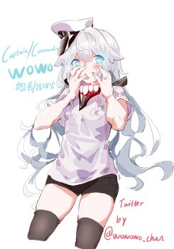 1boy artist_self-insert bare_arms black_bow black_scarf black_shorts black_thighhighs blue_eyes bow character_name commentary copyright_request cropped_legs denim denim_shorts english_commentary fingernails glowing grin hair_between_eyes hair_bow hands_on_own_face hat highres jewelry light_blush long_hair loose_hair_strand low_twintails male_focus military_hat mixed-language_commentary mixed-language_text ring scarf shirt short_shorts short_sleeves shorts sideways_hat simple_background slit_pupils smile solo t-shirt thighhighs thighs trap twintails twitter_username very_long_hair wavy_hair white_background white_hair white_hat white_shirt wowowo-chan yellow_pupils