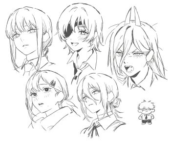 1boy 5girls blush braid chainsaw_man choker collared_shirt cross-shaped_pupils demon_girl demon_horns denji_(chainsaw_man) eyepatch fangs fartfartfart77 furrowed_brow greyscale hair_between_eyes hair_bun hair_ornament hairclip higashiyama_kobeni highres himeno_(chainsaw_man) horns long_hair low_ponytail makima_(chainsaw_man) medium_hair messy_hair mole mole_under_eye mole_under_mouth monochrome multiple_girls multiple_moles neck_ribbon necktie parted_lips ponytail power_(chainsaw_man) reze_(chainsaw_man) ribbon ringed_eyes shirt short_hair shouting sidelocks single_braid single_sidelock sketch sleeveless sleeveless_shirt symbol-shaped_pupils tears updo white_background