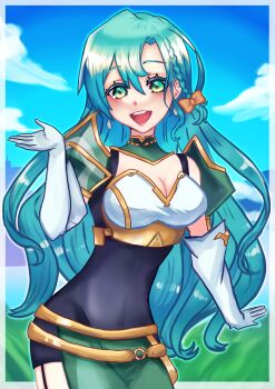 1girl absurdres aqua_hair armor bow braid breasts chloe_(fire_emblem) covered_navel earrings elbow_gloves fire_emblem fire_emblem_engage gloves green_eyes highres jewelry nintendo open_mouth orange_bow shoulder_armor side_braid teardrop_earrings teeth upper_teeth_only white_gloves x_tastas