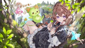 1girl absurdres animal asymmetrical_legwear beret black_capelet black_hat black_skirt black_thighhighs blonde_hair blue_dress blue_eyes brown_hair capelet commission dress fairy frilled_skirt frills garter_straps grey_nails hat hibari_yuu highres indie_virtual_youtuber leaf long_hair long_sleeves nagisa_(vtuber) pink_dress pointy_ears purple_eyes shirt single_thighhigh skeb_commission skirt smile thighhighs virtual_youtuber white_shirt