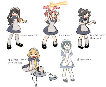 &gt;_&lt; 5girls abe_nana android animal_ears apron atashi_ponkotsu_android_(idolmaster) black_hair blonde_hair brown_hair butterfly_sitting cable cat_ears chibi closed_mouth commentary_request double_v dress fake_animal_ears fang futaba_anzu game_console grey_socks grey_thighhighs hair_over_shoulder hands_up highres idolmaster idolmaster_cinderella_girls ketsuro kohinata_miho laser long_hair maekawa_miku maid maid_apron maid_headdress mary_janes multiple_girls open_mouth orange_hair paw_pose pigeon-toed ponytail puffy_short_sleeves puffy_sleeves rabbit_ears rocket_punch serious shimamura_uzuki shoes short_dress short_hair short_sleeves simple_background sitting smile socks super_nintendo super_nintendo_controller thighhighs translation_request v v-shaped_eyebrows white_background