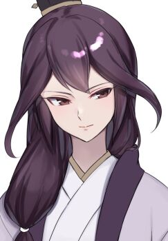 Rule 34 | 1girl, chinese clothes, commentary, hair between eyes, hanfu, haniwa (amesi su), inazuma eleven (series), inazuma eleven go, inazuma eleven go chrono stone, light smile, long hair, low-tied long hair, muted color, purple hair, red eyes, solo, zhuge kongming (inazuma eleven)