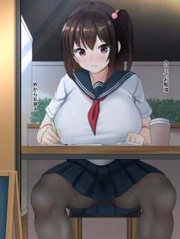 1girl black_hair black_pantyhose black_skirt blue_sailor_collar blush breasts chair closed_mouth commentary_request cup disposable_cup hair_between_eyes hair_bobbles hair_ornament highres holding holding_pencil indoors large_breasts looking_at_viewer medium_hair ntraru original pantyhose pencil pleated_skirt sailor_collar school_uniform short_sleeves sidelocks sitting skirt solo table translation_request