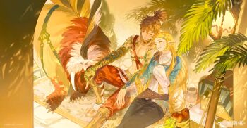 1boy 1girl absurdres apple arm_markings armor black_pants blue_shirt braid breasts chinese_commentary choker circlet closed_eyes closed_mouth commentary_request couple creature crown_braid desert_voe_set_(zelda) fingerless_gloves food fruit gloves gold_armor gold_trim grapes hair_between_eyes hair_ornament hairclip hand_to_own_mouth hetero highres holding_hands lamblab0824 laughing layered_sleeves leaning_on_person link long_hair medium_breasts medium_hair nintendo palm_leaf pants parted_bangs parted_lips pointy_ears ponytail princess_zelda red_pants shirt sidelocks sitting smile the_legend_of_zelda the_legend_of_zelda:_breath_of_the_wild topless_male vase watermark weibo_username weibo_watermark