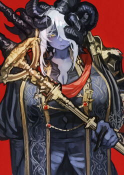 1girl absurdres arm_at_side asymmetrical_horns breasts cleavage closed_mouth colored_skin elden_ring facing_viewer fangs genderswap genderswap_(mtf) grey_skin hair_over_one_eye highres holding holding_polearm holding_weapon horns horns_on_eye_sockets huge_breasts juliet_sleeves long_sleeves miao_jiangyou mismatched_horns missing_eye mohg_lord_of_blood multiple_horns ornate_clothes polearm puffy_sleeves red_background robe sidelocks solo stole trident upper_body weapon white_hair yellow_eyes