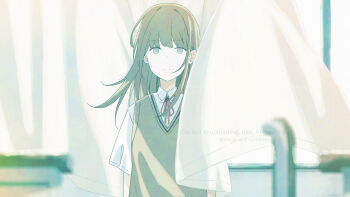 1girl absurdres adversarial_noise blue_eyes brown_hair brown_sweater_vest chair classroom collared_shirt commentary_request curtains desk english_text floating_curtains floating_hair highres indoors long_hair looking_at_viewer mixed-language_text neck_ribbon original red_ribbon ribbon sankakkee school_chair school_desk shirt short_sleeves sidelocks solo sweater_vest upper_body v-neck watermark white_shirt wind window