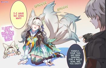 &gt;_&lt; 1boy 1girl ^_^ afterimage animal_ears aqua_dress aqua_skirt black_gloves black_jacket black_thighhighs blouse blue_ribbon blush bridal_gauntlets brown_hairband brown_jacket caelus_(honkai:_star_rail) closed_eyes commentary cropped_jacket dress english_commentary english_text fingerless_gloves firefly_(honkai:_star_rail) fox_ears fox_girl fox_tail gloves gold_trim gradient_tail hair_between_eyes hair_ornament hair_ribbon hairband hard-translated highres honkai:_star_rail honkai_(series) jacket kemonomimi_mode kneeling long_hair mefuichi neckerchief nervous_sweating open_mouth orange_neckerchief pointing pointing_at_another ribbon shirt single_bridal_gauntlet skirt speech_bubble sweat tail thighhighs third-party_edit third-party_source trailblazer_(honkai:_star_rail)