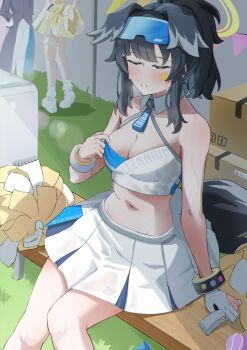 1girl animal_ears black_hair blue_archive breasts cheerleader cleavage commentary_request dog_ears dog_girl dog_tail engineering_department_(blue_archive) goggles goggles_on_head halo hibiki_(blue_archive) hibiki_(cheer_squad)_(blue_archive) hot kotori_(blue_archive) kotori_(cheer_squad)_(blue_archive) long_hair millennium_cheerleader_outfit_(blue_archive) navel official_alternate_costume skirt star_(symbol) star_sticker steaming_body sticker sticker_on_face stomach sweat sweatdrop tail utaha_(blue_archive) utaha_(cheer_squad)_(blue_archive) yellow_halo yunmo_(znfc8352)