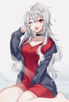 1girl ;o barefoot black_choker black_jacket breasts choker cleavage collarbone cross cross_print fangs fingernails full_body genderswap genderswap_(mtf) hair_between_eyes highres jacket kouzuki_(kuzk_0512) large_breasts long_fingernails long_hair long_sleeves mole mole_under_eye nijisanji off_shoulder one_eye_closed open_clothes open_jacket open_mouth red_eyes red_shirt rubbing_eyes sanya_(2nd_costume)_(kuzuha) sanya_(kuzuha) shirt sidelocks simple_background sitting solo squeans tearing_up track_jacket unzipped v-neck virtual_youtuber wariza wavy_hair white_background white_hair yawning