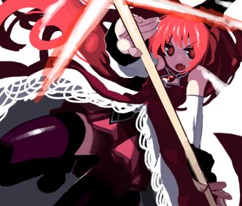 Rule 34 | 1girl, bare shoulders, black thighhighs, commentary request, detached sleeves, dress, fang, fighting stance, frilled dress, frills, front slit, full body, furrowed brow, holding, holding polearm, holding weapon, long hair, magical girl, mahou shoujo madoka magica, oekaki, open mouth, polearm, ponytail, red dress, red eyes, red hair, red skirt, sakura kyoko, sakura kyoko (magical girl), sidelocks, skirt, solo, soul gem, thighhighs, third-party source, tsuru (clainman), weapon, zettai ryouiki