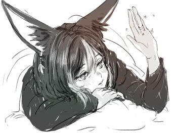 1boy animal_ear_fluff animal_ears arm_up blush eyelashes genshin_impact jewelry long_sleeves looking_at_hand lying male_focus multicolored_hair on_stomach otanpopo1208 parted_hair parted_lips ring shirt short_hair simple_background solo streaked_hair tighnari_(genshin_impact) under_covers white_background