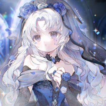 1girl :o arm_cutout artist_name baonu_de_zhanshen_caibutou bare_shoulders black_arm_warmers black_choker blue_dress blue_eyes blue_eyeshadow blue_flower blue_gemstone blue_rose bridal_veil bride chinese_commentary choker church clenched_hand clothing_cutout collarbone commentary_request diamond_cutout dot_nose dress expressionless eyelashes eyeshadow facial_tattoo floral_print flower flower_tattoo gem grey_flower grey_rose grey_veil hair_flower hair_ornament hand_on_own_chest highres indoors infinity_nikki lace lace-trimmed_veil lace_arm_warmers lace_choker lace_trim light_blush light_particles long_hair long_sidelocks looking_to_the_side makeup making-of_available nameless_selfless_(infinity_nikki) nikki_(series) off-shoulder_dress off_shoulder parted_bangs parted_lips petals print_arm_warmers procreate_(medium) rose rose_petals rose_print runny_makeup see-through_clothes see-through_veil short_sleeves sidelocks solo sparkle stained_glass tareme tattoo upper_body veil very_long_hair wavy_hair wedding_dress white_hair