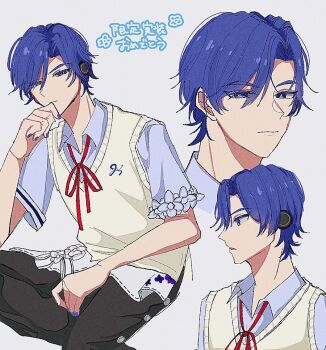 1boy 25-ji_kaito blue_eyes blue_hair blue_nails closed_mouth collared_shirt colored_eyelashes colors_of_pure_sense_(project_sekai) fingernails flower grey_background hand_up hashtag-only_commentary kaito_(vocaloid) layered_clothes looking_at_viewer male_focus mizugishi_(umauma_omizu) multiple_views nail_polish official_alternate_costume official_alternate_hairstyle pants parted_hair profile project_sekai red_ribbon ribbon shirt short_hair short_sleeves simple_background sweater_vest translation_request