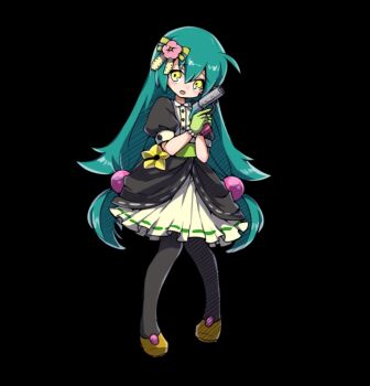 1girl ahoge aqua_hair barbiena_(merc_storia) black_background black_pantyhose collared_dress dress flats flower full_body gun hair_between_eyes hair_flower hair_ornament head_tilt holding holding_gun holding_weapon long_hair low-tied_long_hair low_twintails merc_storia merc_storia_art_team official_art open_mouth pantyhose puffy_short_sleeves puffy_sleeves raised_inner_eyebrows shoes short_sleeves simple_background solo standing tachi-e twintails very_long_hair weapon yellow_eyes yellow_shoes