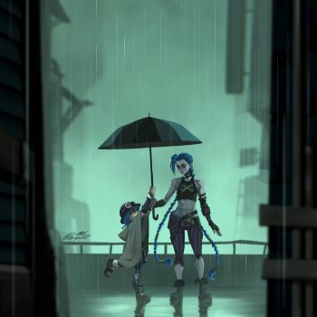 2girls aqua_background arcane:_league_of_legends avyc02 bandaid bare_shoulders blue_hair boots braid building cape detached_sleeves goggles goggles_on_head hat highres isha_(arcane) jinx_(league_of_legends) league_of_legends long_hair multiple_girls navel pants pink_eyes rain tattoo torn umbrella