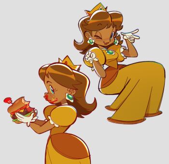 blue_eyes brown_hair burger crown dark-skinned_female dark_skin dress earrings eating floating_earrings food food_on_face gloves highres jewelry mario_(series) nintendo one_eye_closed princess_daisy tuckeryart yellow_dress