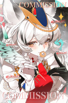 1girl animal_ears asymmetrical_gloves black_gloves black_hair blush braid feathers gloves hat highres leopard_ears leopard_girl long_hair looking_at_viewer mismatched_gloves mouth_hold multicolored_hair original puffy_short_sleeves puffy_sleeves sample_watermark short_sleeves single_glove smile solo streaked_hair tusimianbao upper_body watermark white_gloves white_hair